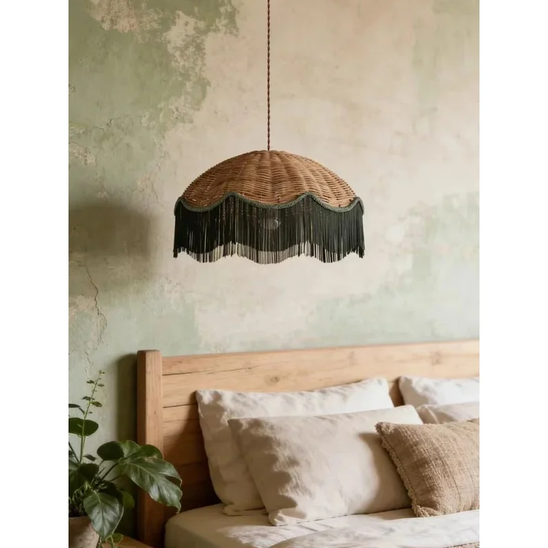 Boho Rattan Pendant Lamp Green Tassel Fringe Hanging Ceiling Light Retro Home Decor Dining Bedroom Kitchen E27 Socket