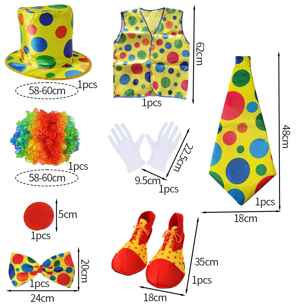 Pesenar 8 pcs Clown Kostüm Set Zirkus Clown rote Clown Nase Schuhe Weste Hut Perücke Fliege und weiße Handschuhe Halloween Cosplay