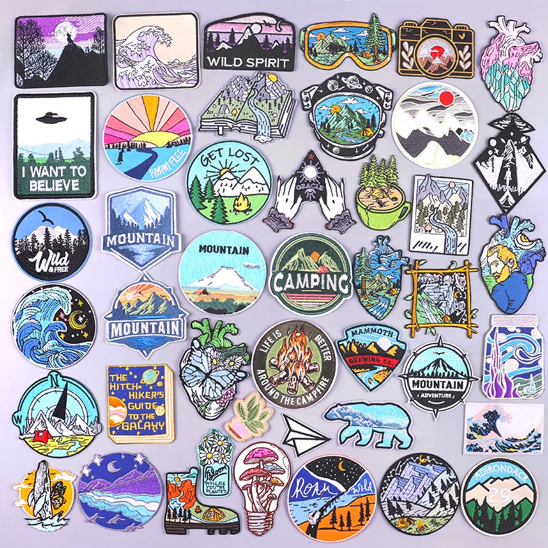 Mountain Patch Nature Travel Embroidered Patches For Clothing Outdoor Adventure Stickers Iron On Patches On Clothes Stripe Patch