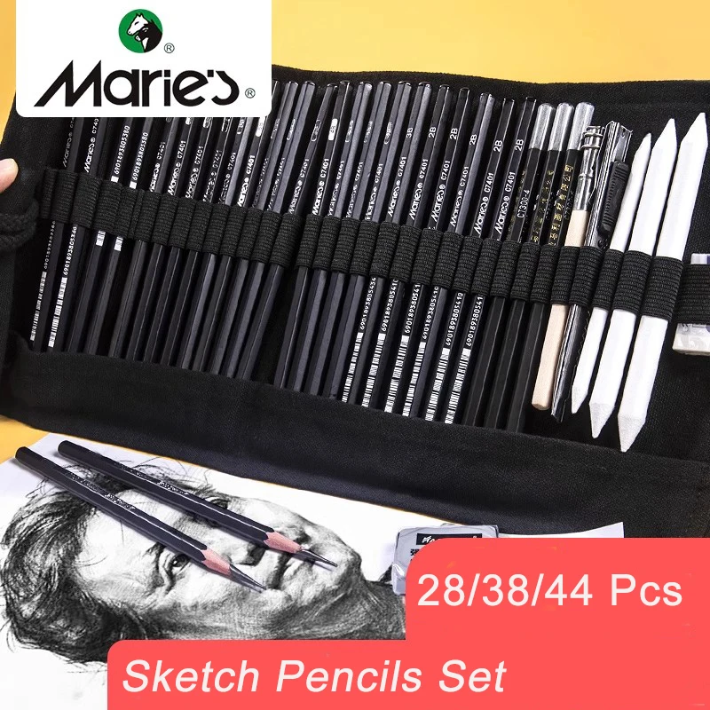 28/38/44 pcs Sketch Pencils Set Roll Up Canvas Wrap Sketching Pencil Bag Case Art Drawing Supplies Charcoals Kneaded Eraser Kit