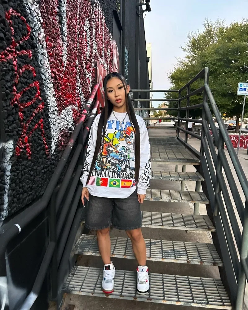 2024 New Trendy Cartoon Printed Oversized T-shirt  Women's Y2K Street Hip Hop Harajuku Leisure Versatile Set Long Sleeve Top