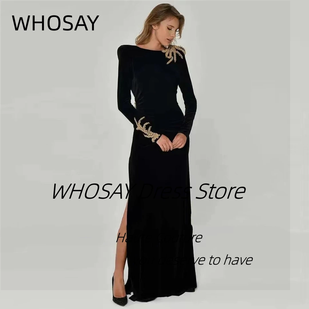 WHOSAY Luxury Beaded Evening Dresses 2024 Black Side Slit Haute Couture Party Gowns Sexy Backless Long Sleeves Prom Dress