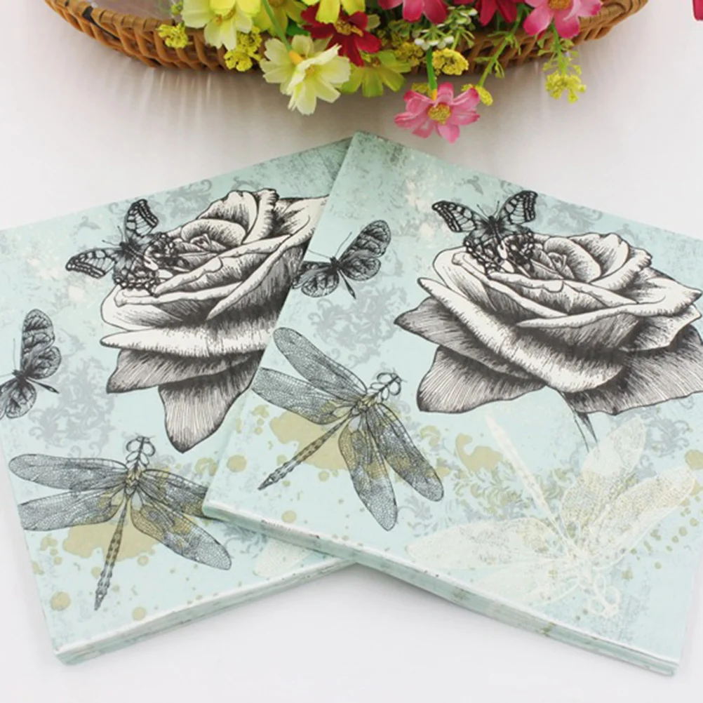 20PCS Color Printed Napkin Dragonfly Creative Paper Towel Facial Tissue Colorful Printing Napkin Flower Napkin for Party Gatheri