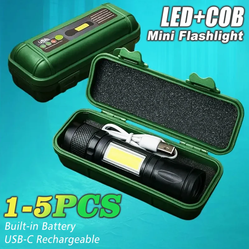Mini LED Flashlight COB+XPE Portable Torch USB Charging Camping Lantern Zoomable Focus Light Tactical Flashlight with Pen Clip