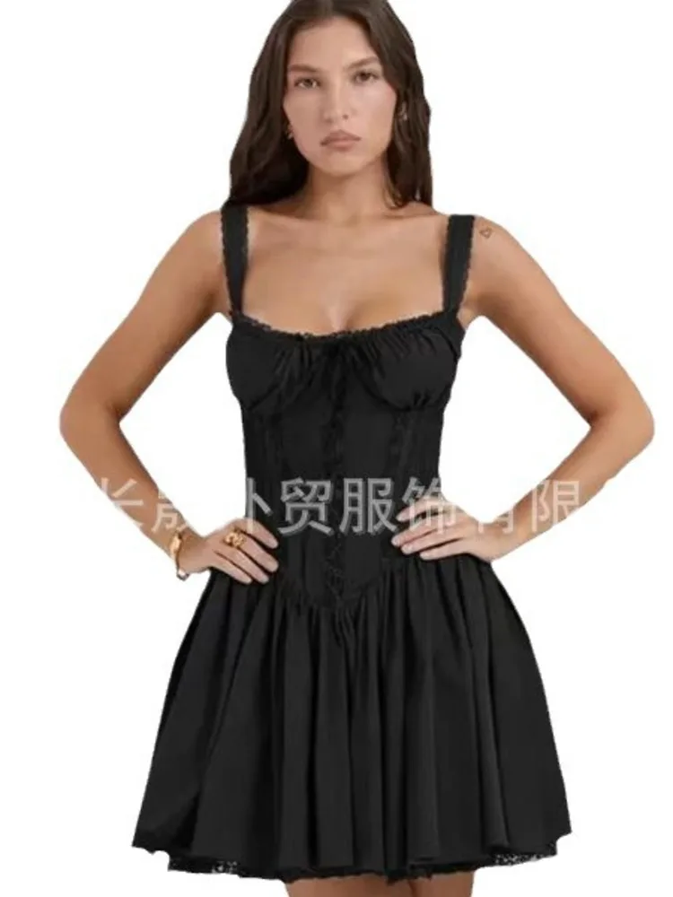 Articat Elegant Sleeveless New Sexy Lace Splicing Dress Woman High Waist Strap Design Solid Color Dress Party Evening Dress