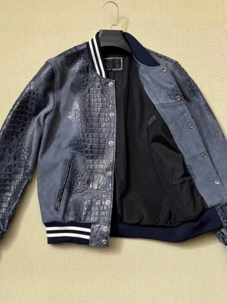 Crocodile Pattern Cowhide Genuine Leather Bomber Jacket Men Loose Fit Single Breasted Strand Collar Casual Motorcycle Biker Coat