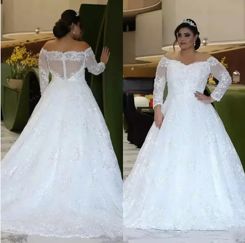 Personalizado de talla grande con hombros descubiertos boda 2025 mangas largas vestidos de novia de encaje completo tren de barrido vestido de una línea bata