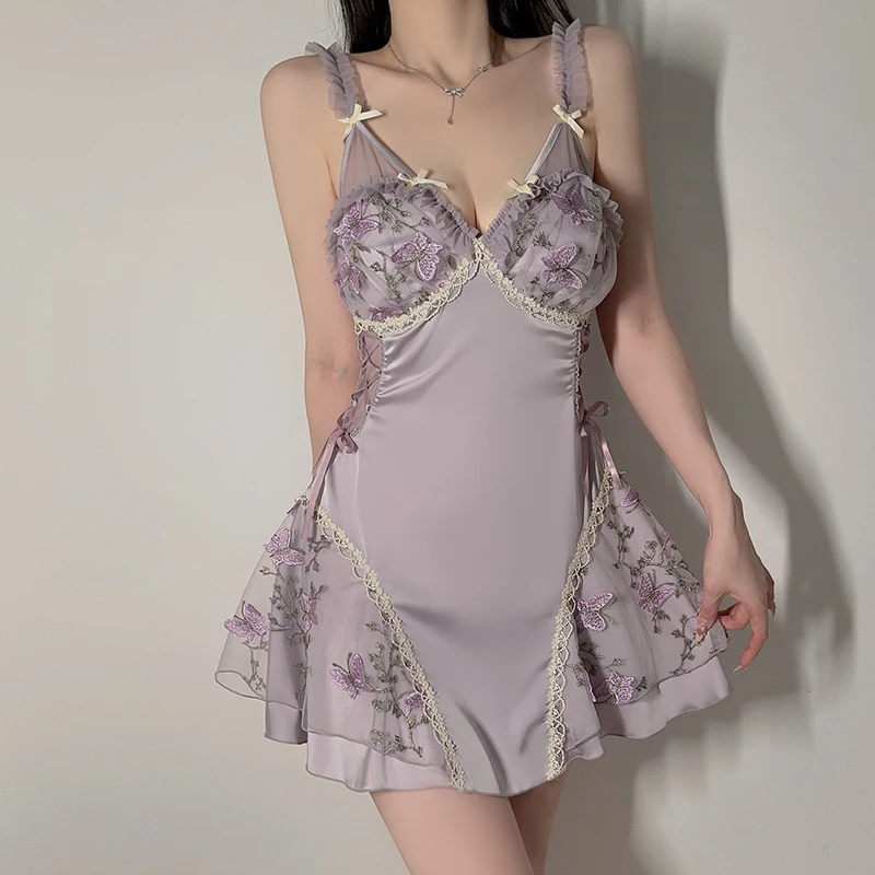 

Purple Sexy Satin Nightdress with Bra Pads Embroidery Pure Desire Sweet Lingerie