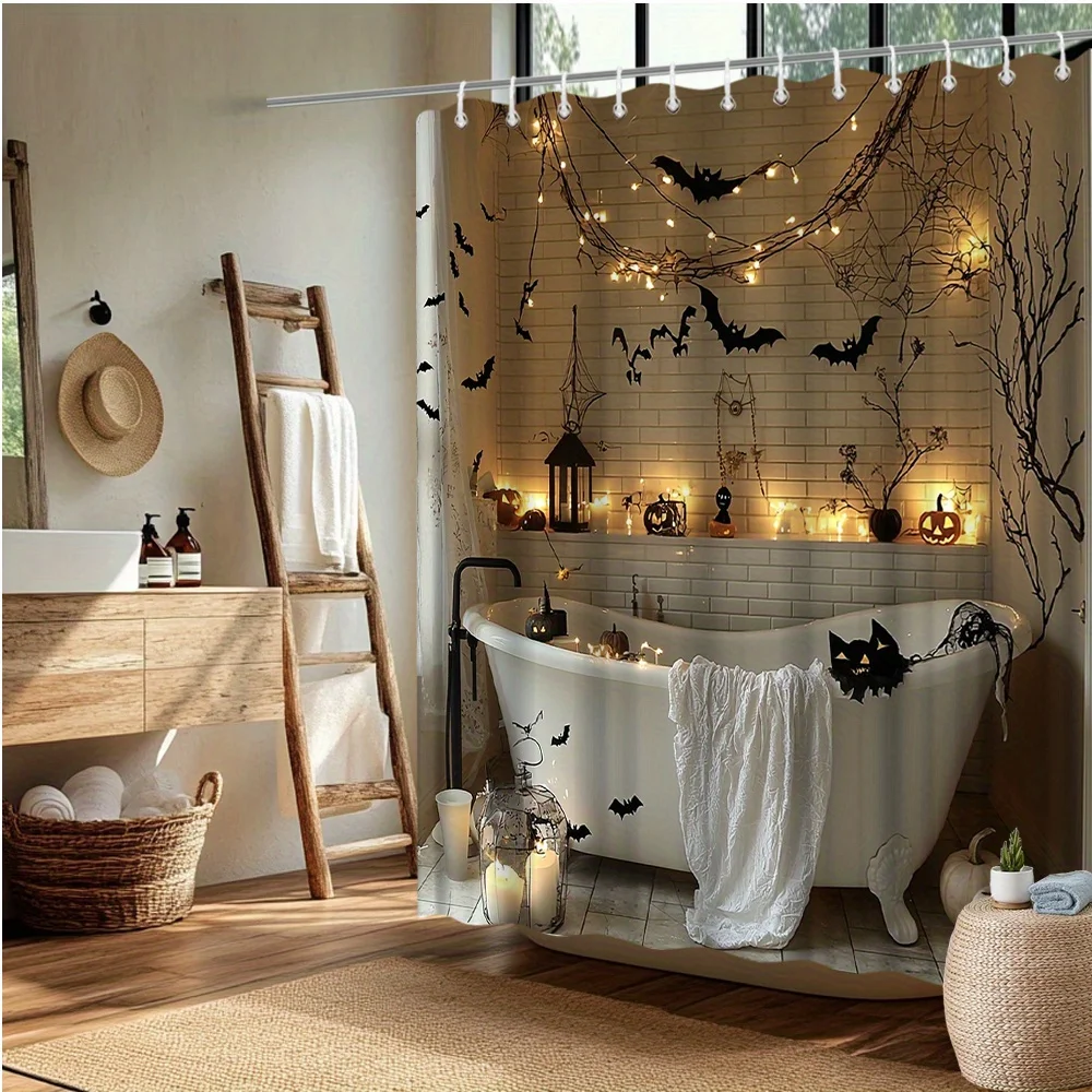 1pc Halloween Clawfoot Tub Shower Curtain - Vintage Style with Black Cats, Bats, Pumpkins & String Lights, Cozy Festive Bathroom