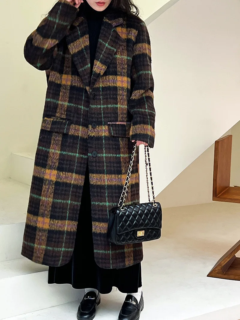 Tesco Plaid Wool Coat For Women 2023 Winter Loose Casual Full Sleeve Blazer Trench Korean Fashion Senior Medium Length Outerwear