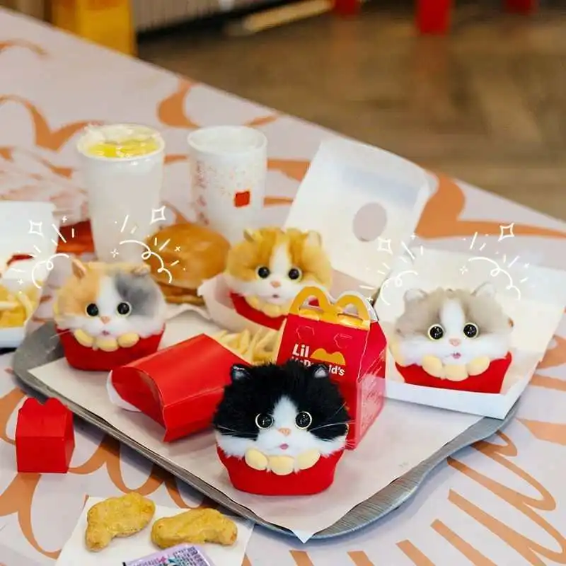Fries Burger Shaped Cat Doll Pendant Plush Keychain Bag for Girlfriend Family Friends Birthday Valentine's Day Gift