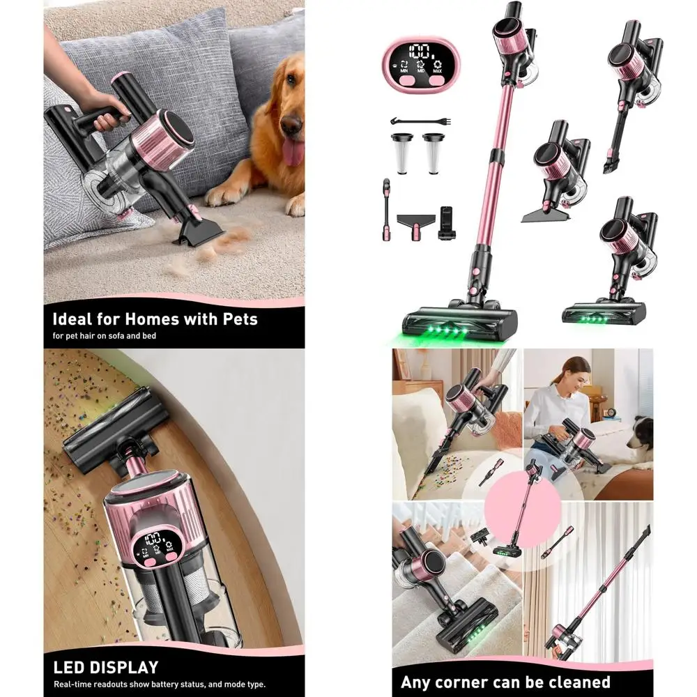 

8-in-1 Lightweight Cordless Vacuum with LED Display, 3 Modes, 45 Min Battery for Home, Pet Hair, Pink
