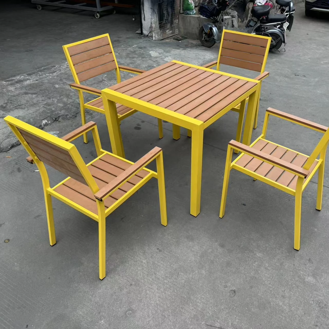 

Wholesale of outdoor tables and chairs plastic wood leisure coffee courtyard terrace balcony table and chair placement outside