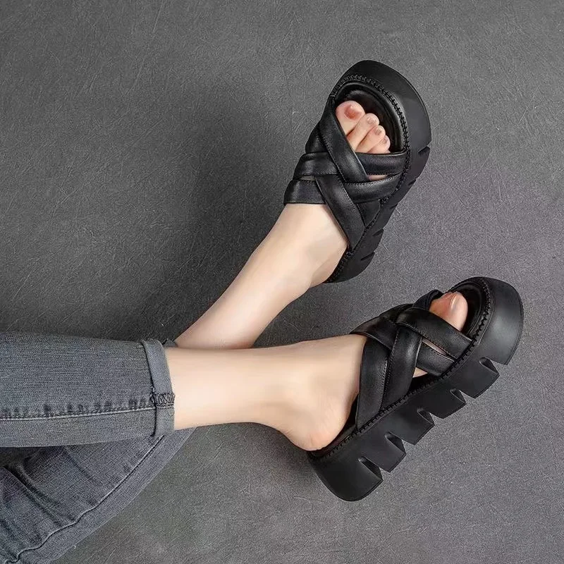 Summer 2023 Casual Platform Slippers Women Fashion Braided Mesh Walking Wedge Sandals шлепанцы женские летние на платформе