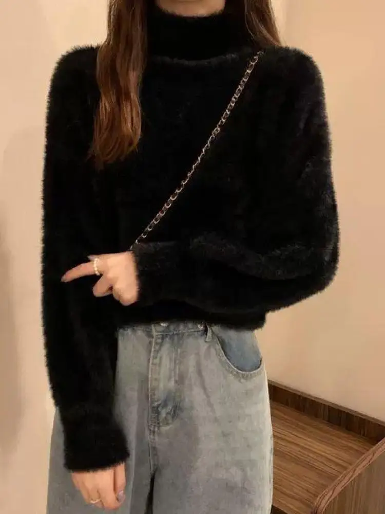 Weiche Warme Tops Winter Imitieren Nerz Wolle Heißer Fleece Weibliche Rollkragen Verdicken Elastische Casual Pullover Frauen Gestrickte Pullover