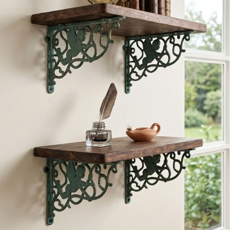 Decorative Wall Shelf Bracket Metal Support with Angel Scrollwork Design, Green Finish Wall Mount Piece for Indoor Display Y5GB