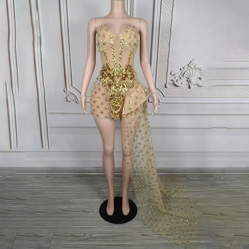 

Gold Diamond Mesh Trailing Dress Women Singer Party Outfit Evening Dresses Bar Ds Dj Sexy Gogo Costume Stage Photoshoot Wear