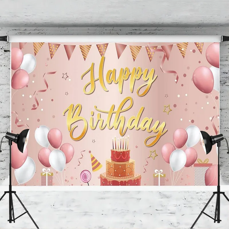 Happy Birthday Backdrop Banner Pink and Gold Photography Background for Women Men Party Supplies Decoration Photo Booth Props