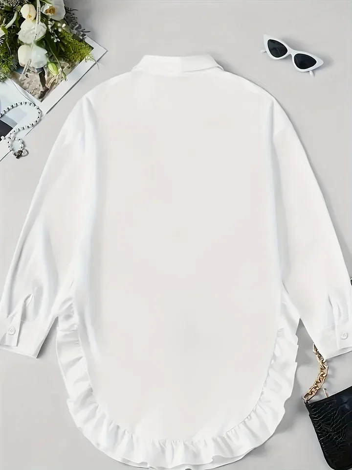 Luźna sukienka z falbanami, elegancka koszula damska, wiosenna sukienka koszulowa z klapami, zapinana na jeden guzik, z nieregularnym dołem, krótka sukienka koszulowa.