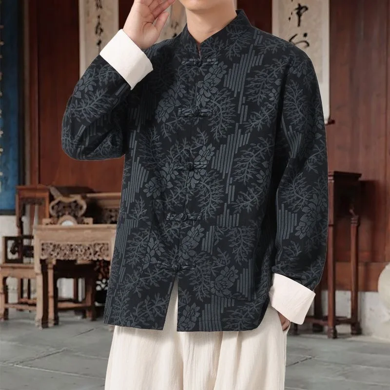 

Новая мужская рубашка в китайском стиле с длинным рукавом, на пуговицах, больших размеров, в стиле Ханьфу, дышащая, из хлопка и льна, повседневная
