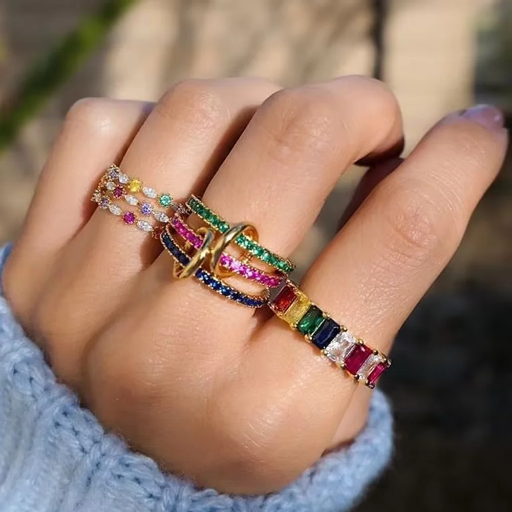 2025 New Fashion Gold Color Rainbow AAA Cz Stacking Engagement Band Finger Ring Fors Women New Design Delicate Eternity Rings