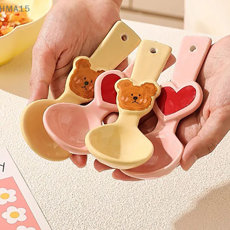 Cartoon Korean Ins Style Ceramic Spoon Cute Bear Cream Color Spoon Fresh Cute Fun Dessert Yogurt Spoon