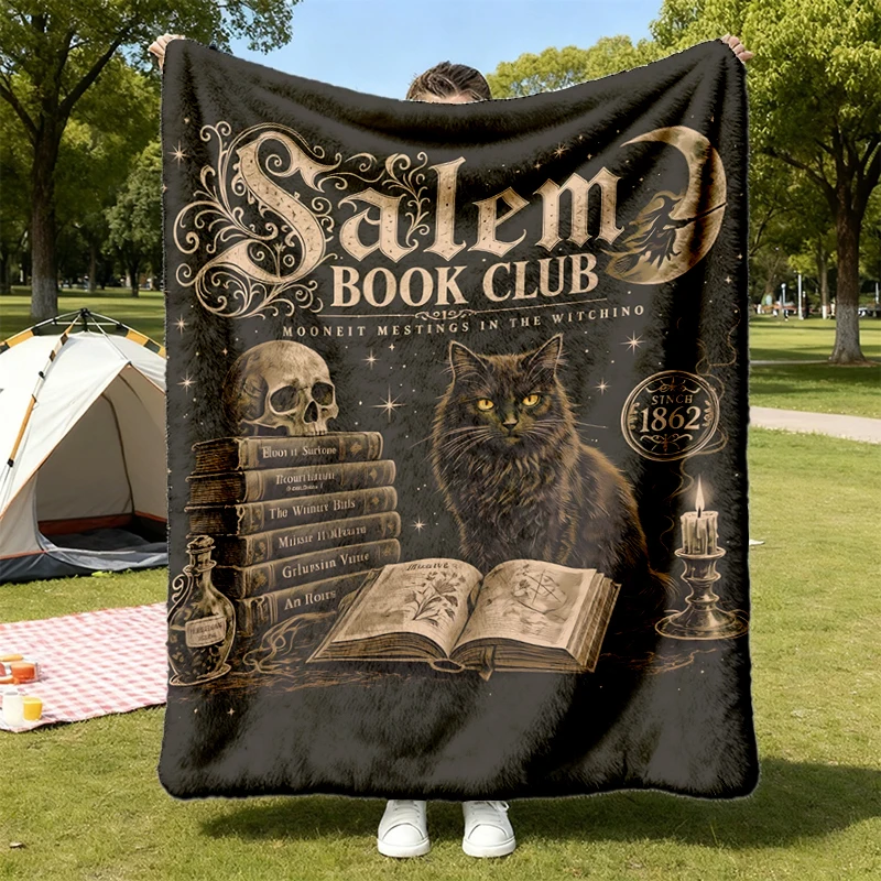 Vintage Salem Book Club Flannel Blanket, Bookish Halloween, Salem Witches, Spooky cat Flannel Blanket, Thriller Reader