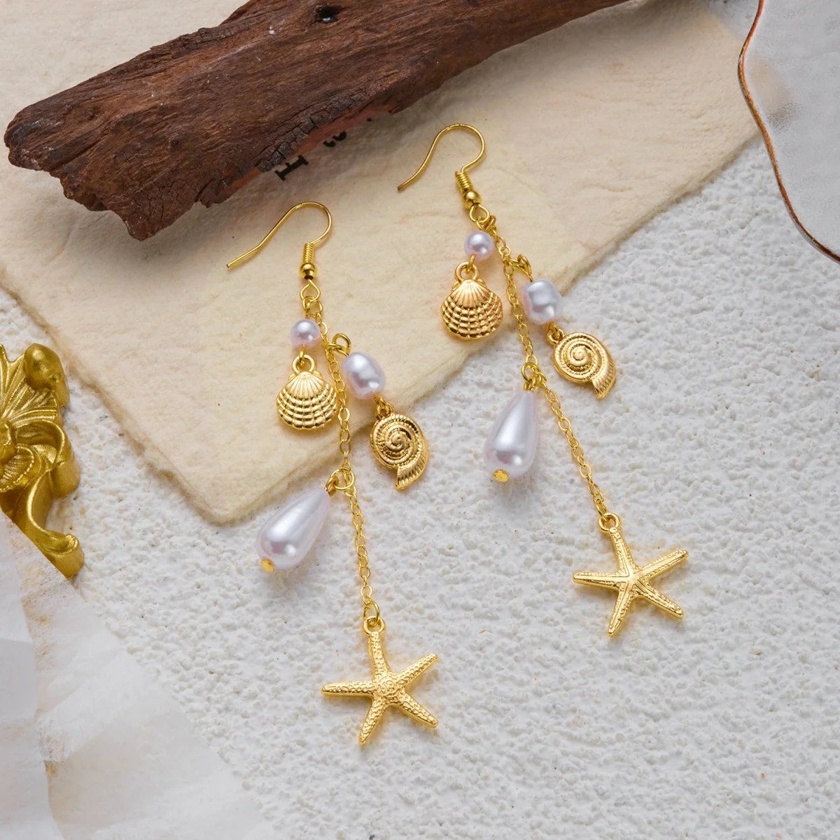 Ozean-Seestern-Ohrringe aus Acryl mit simulierten Perlenketten und Quasten für Damen, Sommer-Muschel-Seepferdchen-Schildkröten-Ohrringe, Schmuck – Detail 23