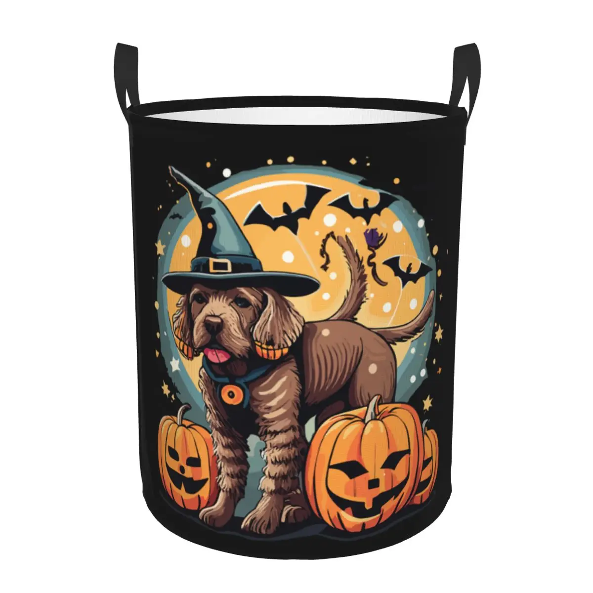 Halloween Labradoodle perro bruja calabazas noche estrellada cesta de lavandería juguete plegable ropa cesto contenedor de almacenamiento para niños guardería