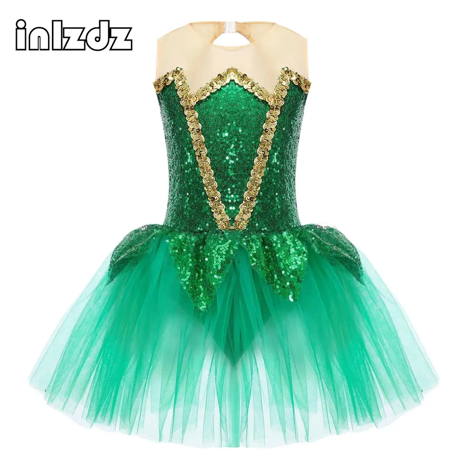 

Kids Girls Ballet Dance Dress Figure Skating Gymnastics Leotard Shiny Sequins Mesh Tutu Halloween Elf Fairy Prom Party Dancewear