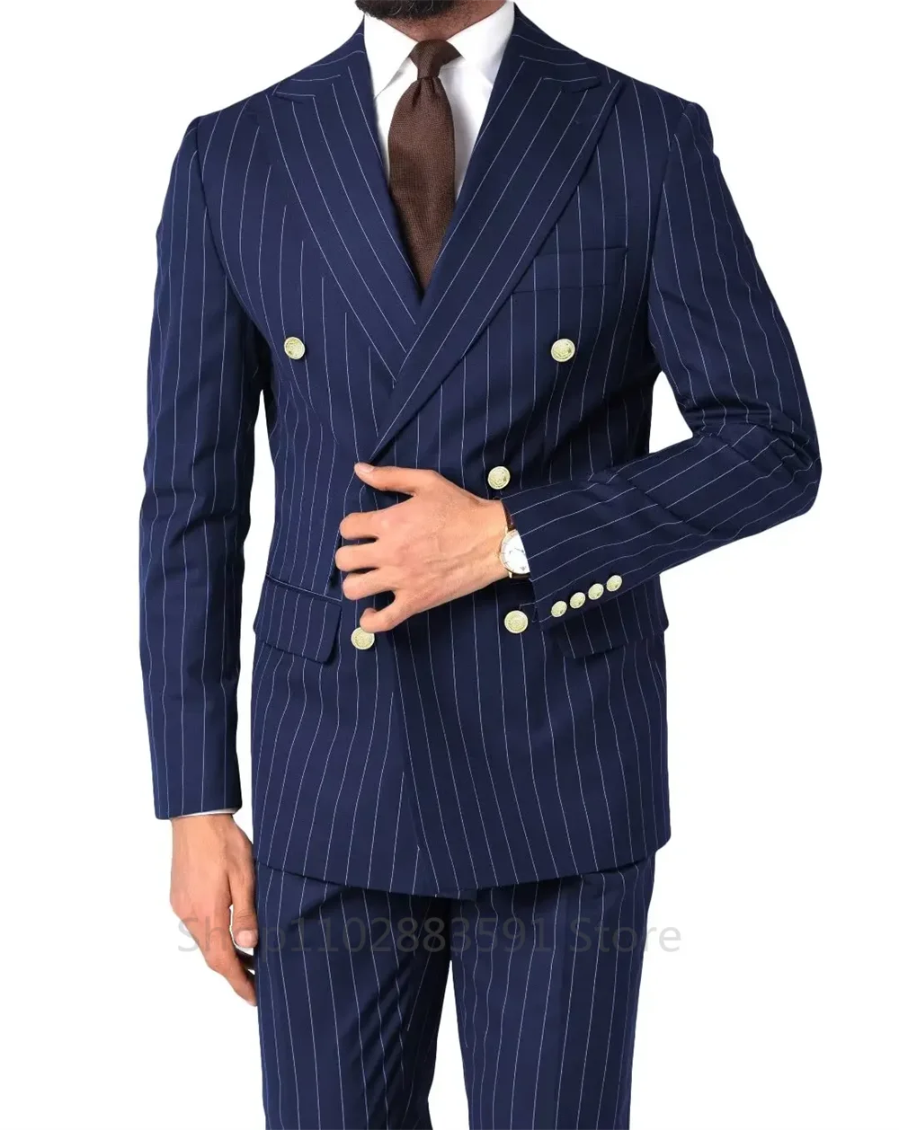 Elegant Men Suits Double Breasted Blazer Striped Business 2 Pieces Dress Social Formal Wedding Slim Fit Custom Tailcoat Clothing