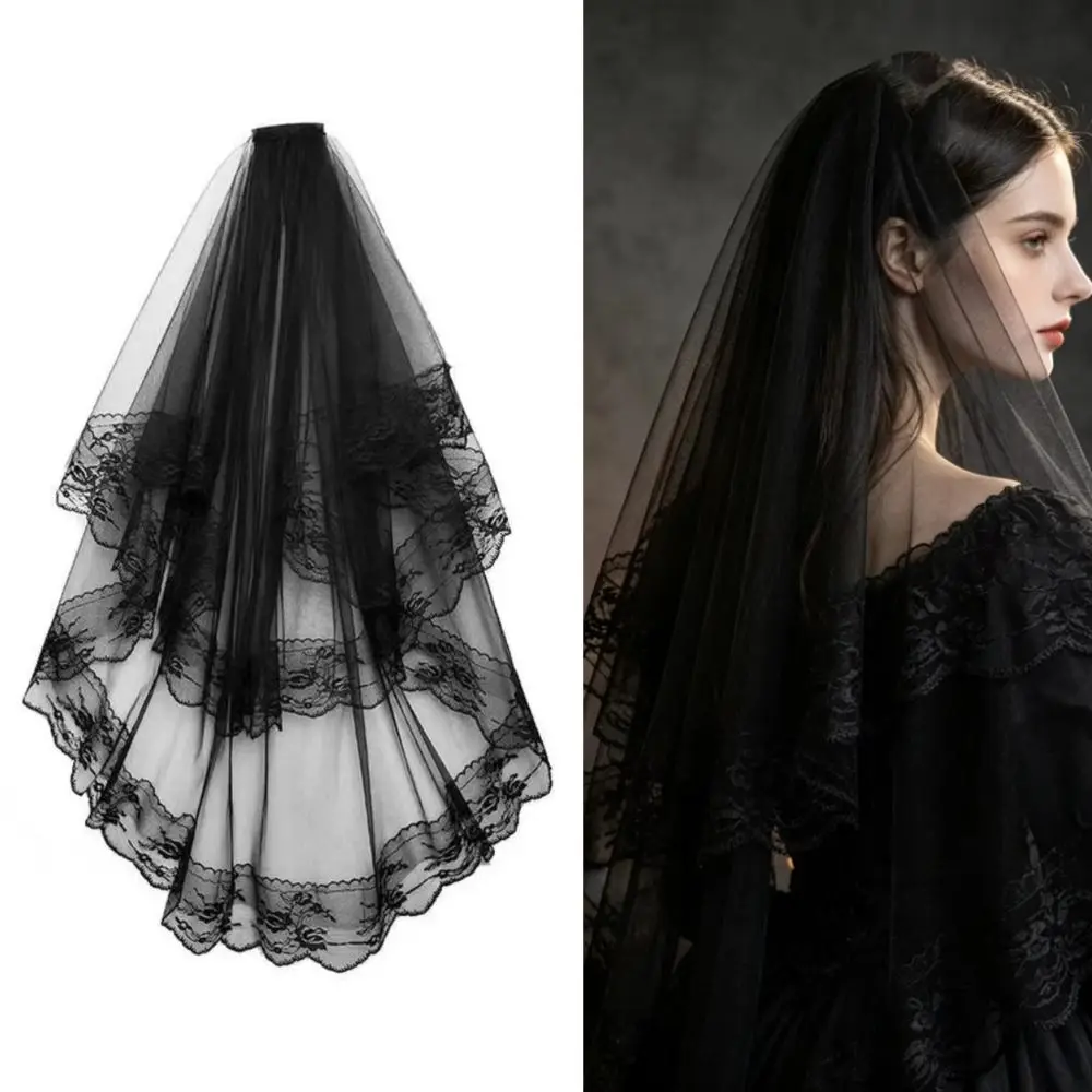 Elegant Two-Tier Lace Veil Black Floral Lace Trim Headpiece Veil Lace Edge Gothic Veil For Wedding Bride