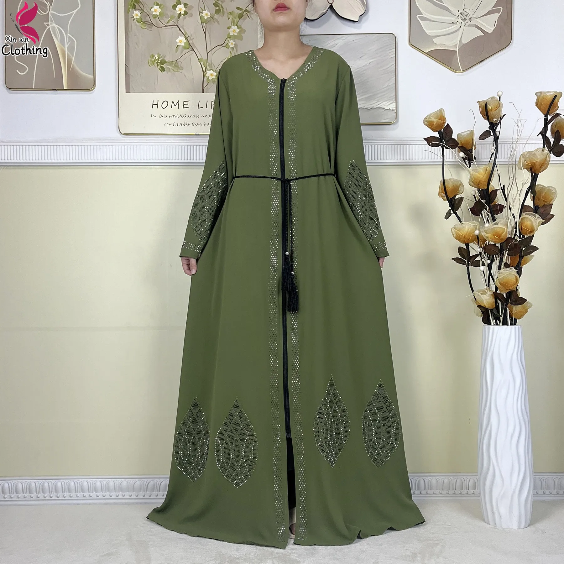 2025 neue Dubai Muslimischen Elegante Party Kleid Offenen Reißverschluss Abaya Islam Frauen Kleidung Lange ärmel Lose Chiffon Stoff Afrikanisches Kleid