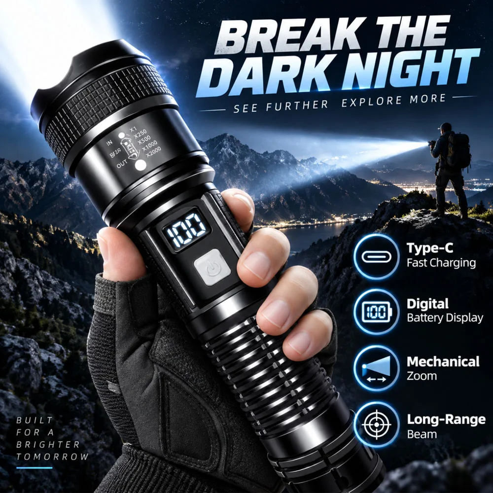 Powerful Tactical Flashlight Type-C Fast Charging Digital Percentage Power Indicator Mechanical Zoom Design Rechargeable Handhel