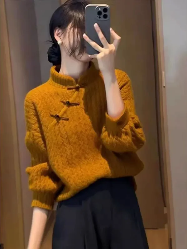 

New Chinese Sle Knitted Sweater Women's Brown Yellow Button Base irt 2026 New Arrival Ele And Beautiful Loose Fit