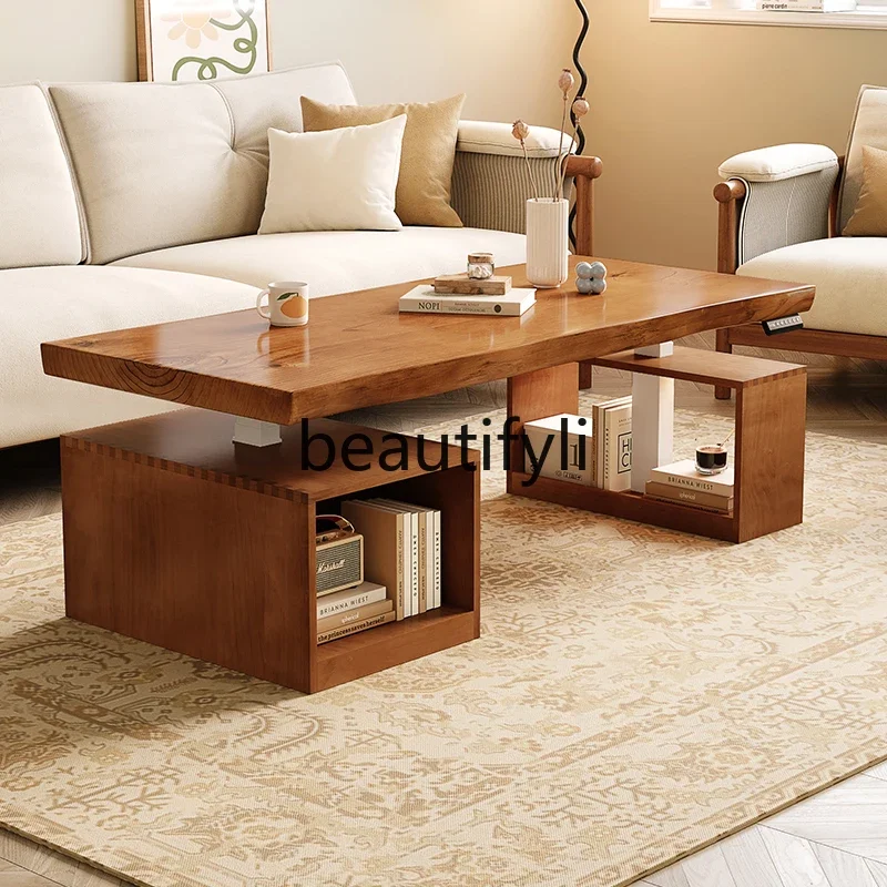 Solid wood lifting coffee table becomes dining table dual-purpose two-in-one with drawers electric multi-function