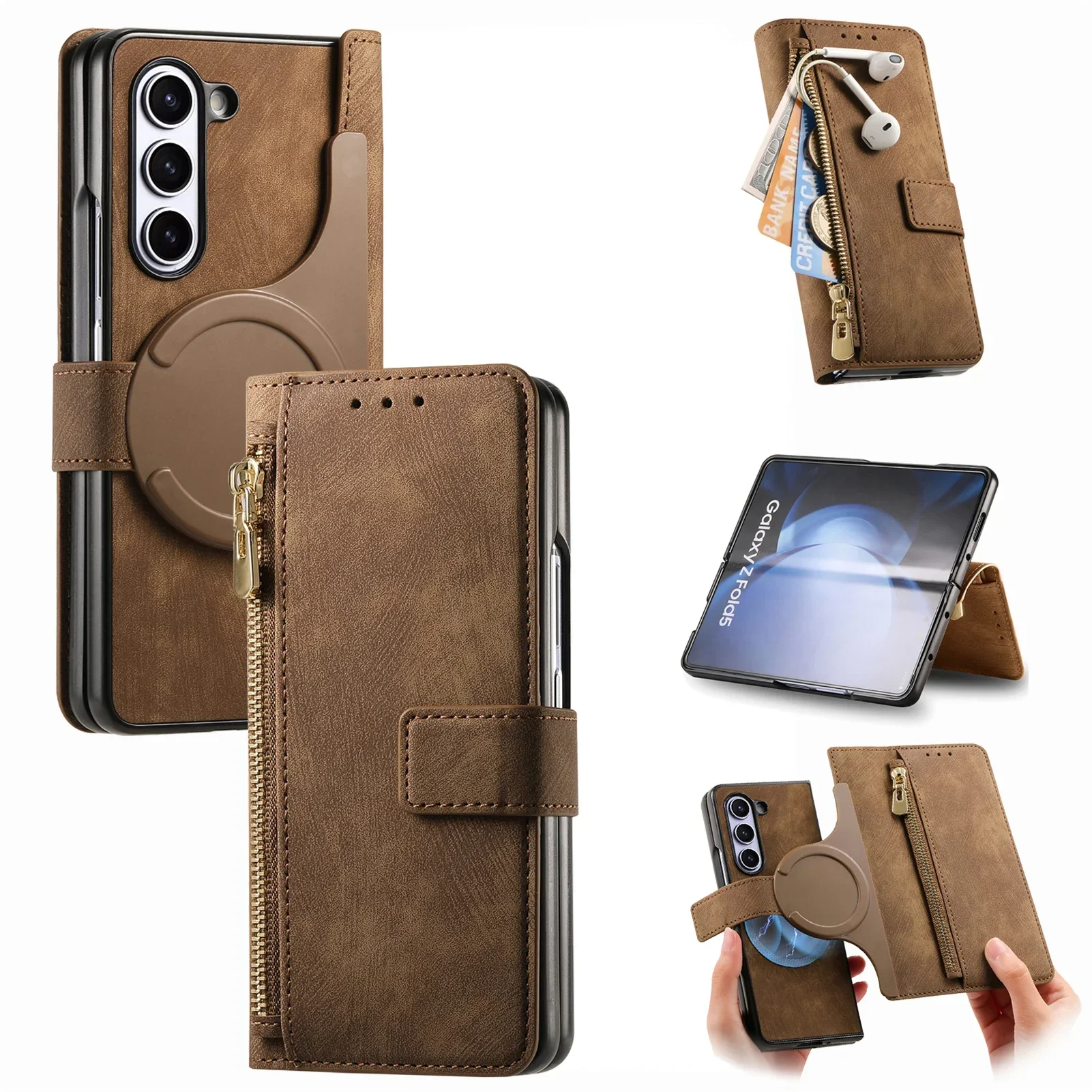 For Samsung Galaxy Z Fold 6 5 4 3 Case Vintage Zipper Leather Magnetic Wallet Card Slot Flip Holder Protect Shockproof Cover