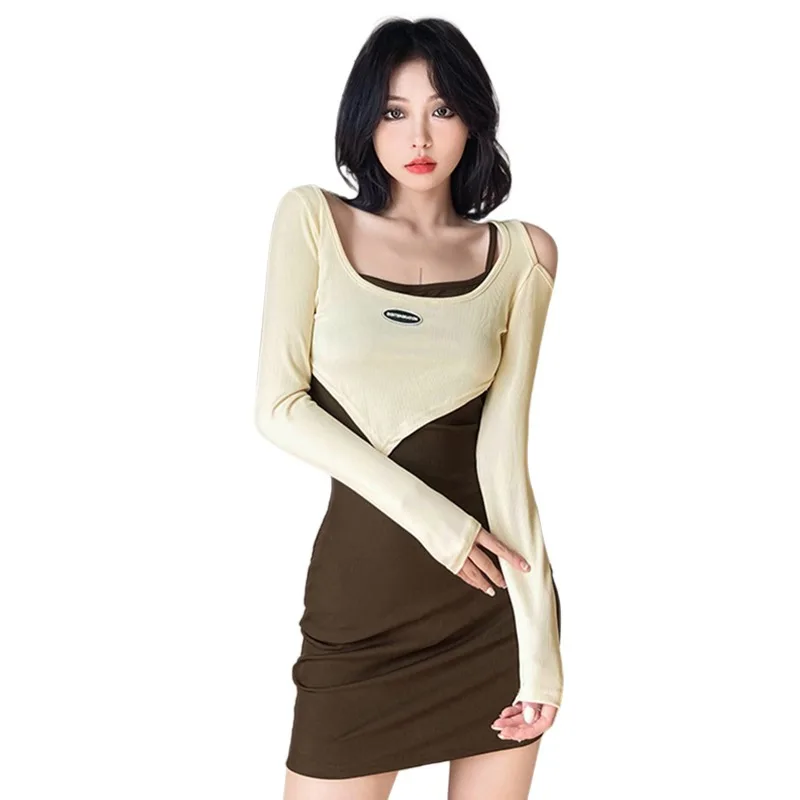 Women's Asymmetrical Long Sleeves Contrast Hollow Out Casual Splicing Long Sleeves Dress