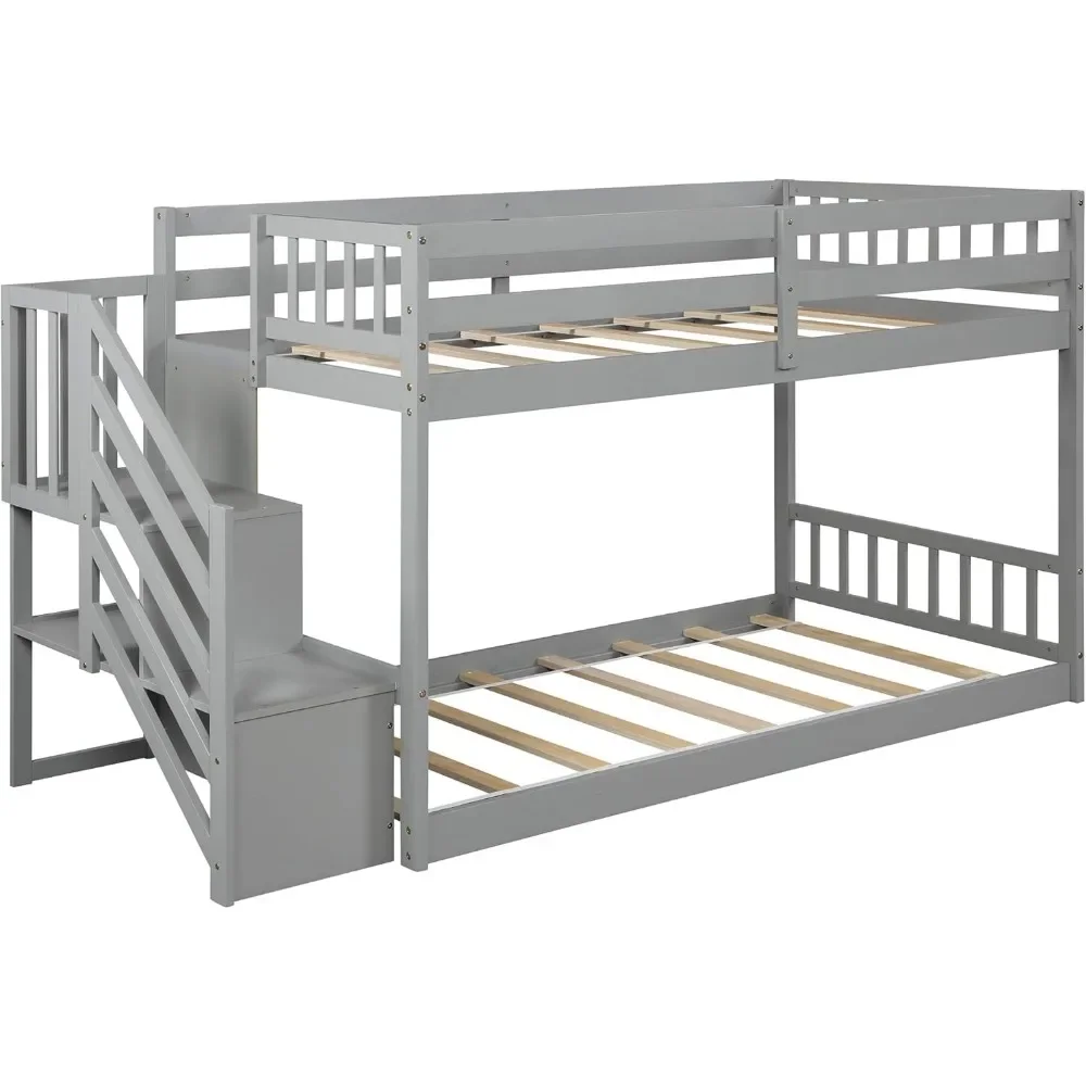 Twin Over Twin Junior's Low Bunk Bed with Storage Stairs,Wood Floor Bunk Bed ,Floor Twin Size Bunk Bed with Slat