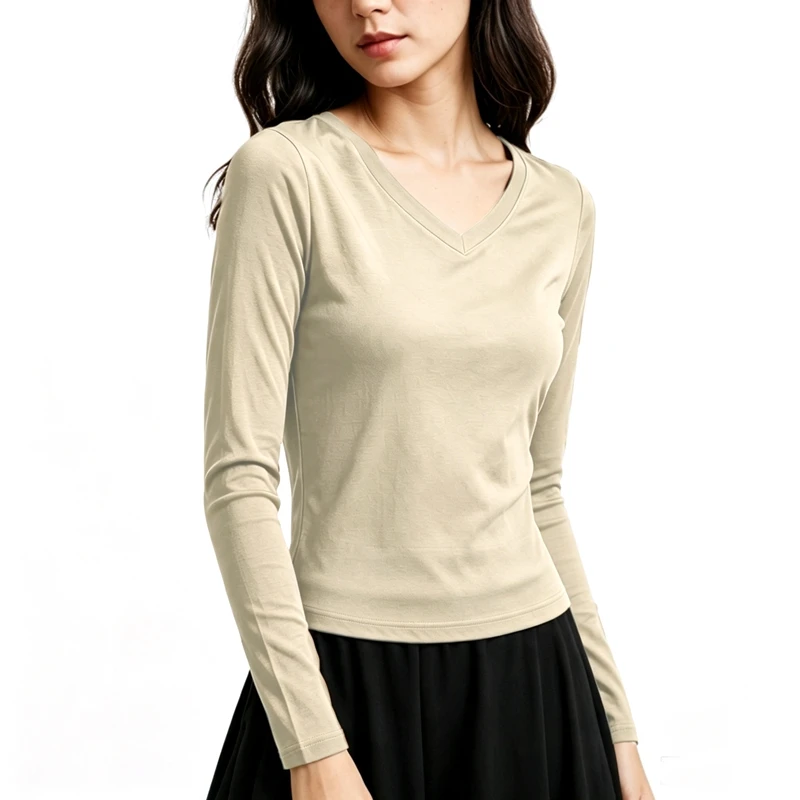 Damen Langarm V-Ausschnitt Slim Fit T-Shirt, Einfarbig, Weich, Dehnbar, Gestricktes Unterhemd, Casual Alltags-Unterwäsche für Frauen Q43 – Detail 12