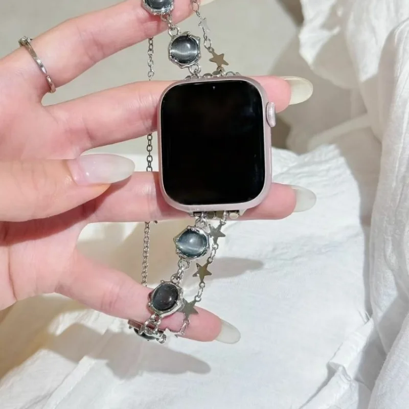 

Cat's Eye Stone Star Metal Chain Compatible with iWatch Strap 38mm 40mm 41mm 42mm 44mm 45mm 49mm Fashion Strap