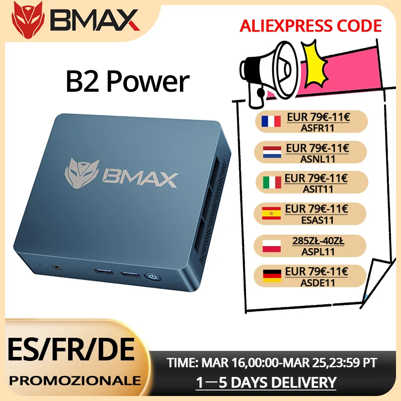 BMAX B2 Power Intel 5205U Mini PC 8 GB RAM 256 GB SSD Windows 11 Pro Wi-Fi de Doble Banda Bluetooth 5.0 USB 4 HDMI 1