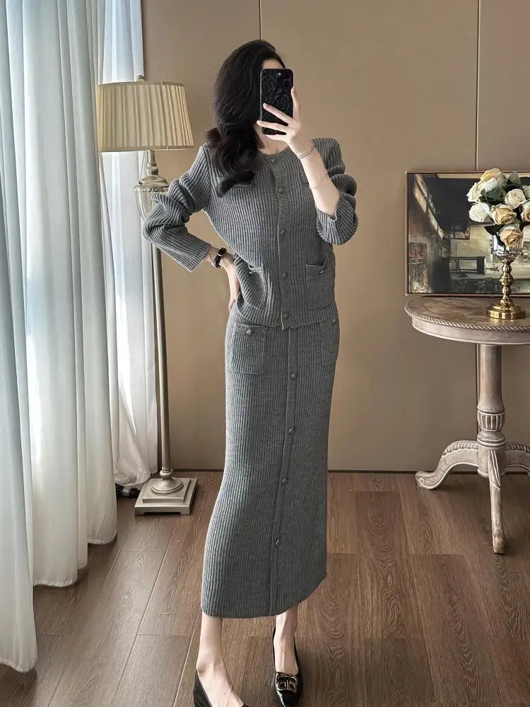 

Autumn Winter New Two Pieces Set Women Black Grey Round Neck Single Breasted Knitted Sweater Tops And High Waist Long Skirt Suit