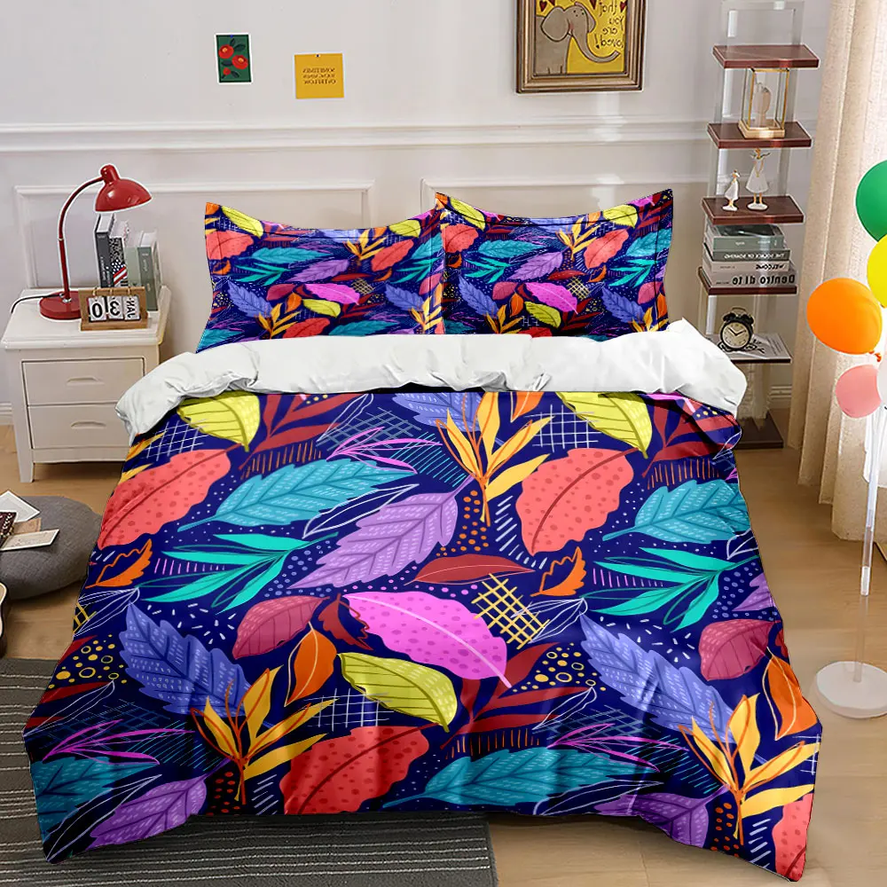 Colorful Tropical Leaves Background Print Bedding Set 1 Duvet Cover 2 Pillowcases for Adult and Children Luxury Gift Full Size