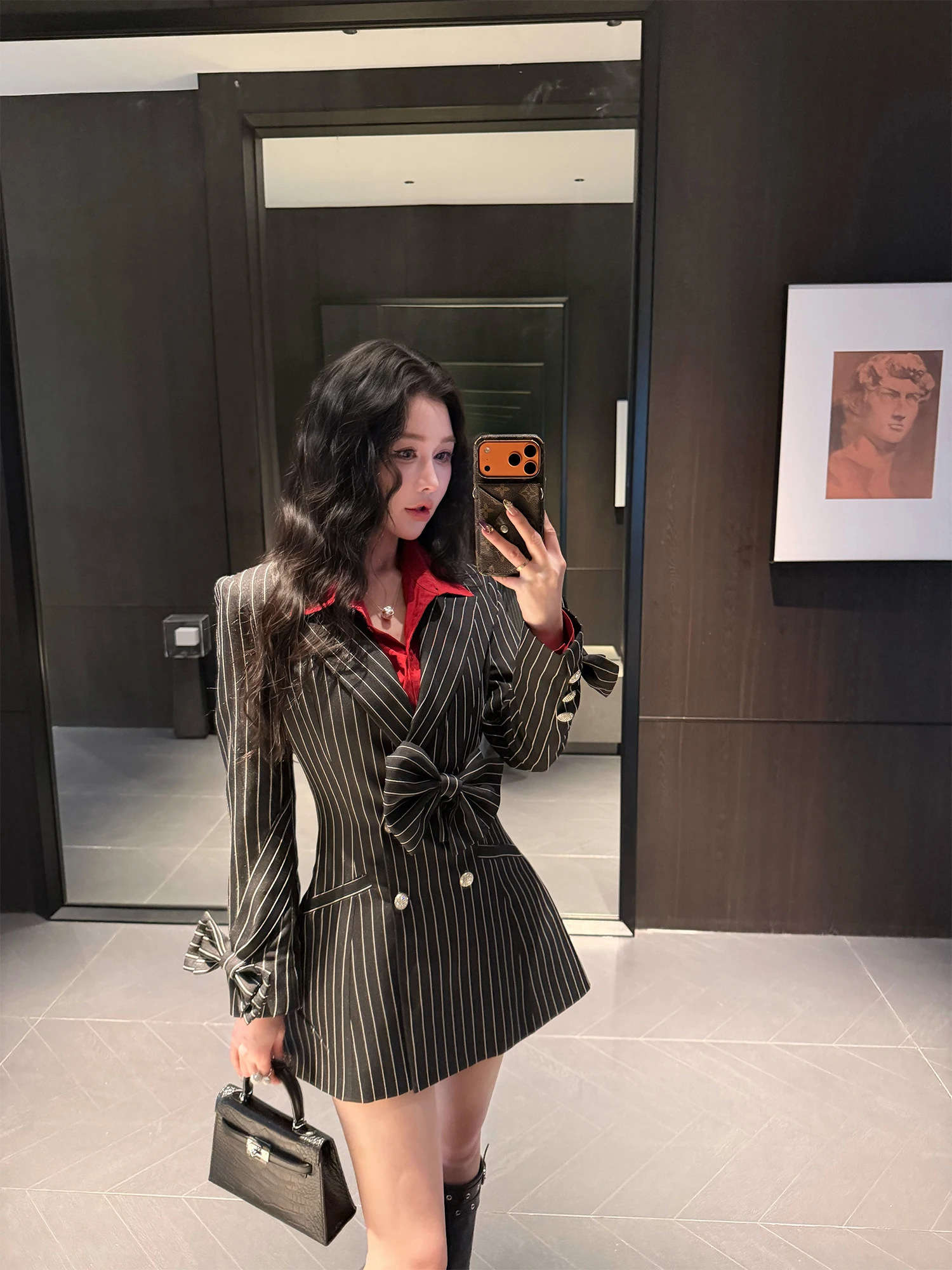 

Ele Slimming Double-Breasted Suit Jaet with Bow Tie Waist Cinching Stripes by LADIES FIRST Quali Women's Faion