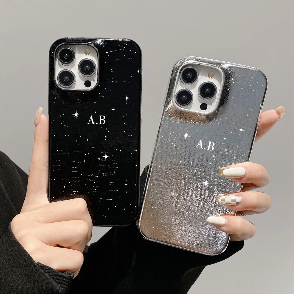 Srebrne skórzane etui na telefon iPhone 16 15 14 Plus 13 12 11 Pro Max, luksusowe, personalizowane z literami, futerał DIY z imieniem, obudowa. — zdjęcie produktu 2
