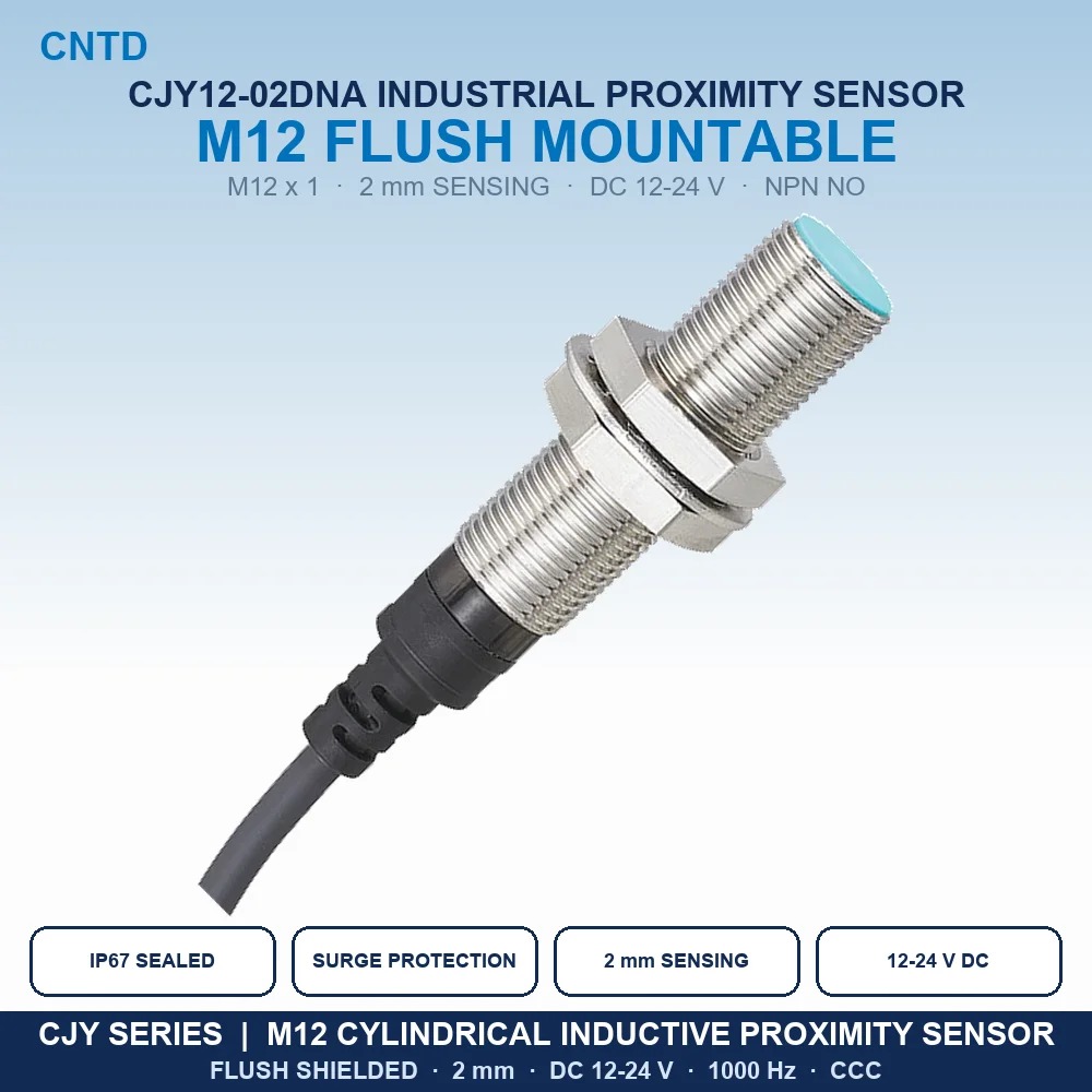 Inductive Proximity Sensor M12 Shielded NPN NO 3-Wire Flush 2mm IP67 Approach Switch DC12-24V 1000Hz 2M Cable CJY12-02DNA