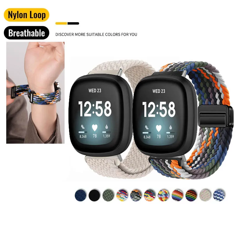 Magnetic Buckle Elastic Woven Nylon Strap For Fitbit Versa 4 3 / Sense 2 1 / Versa Lite 2 Wristband