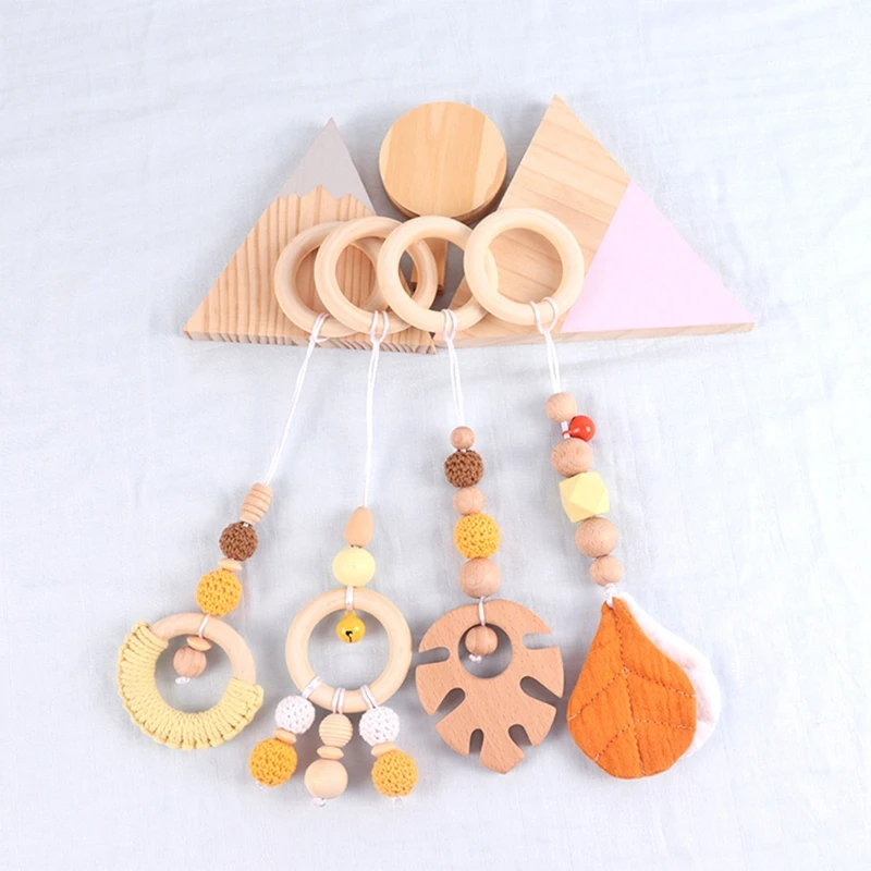 4 Pcs/Set Baby Gym Frame Stroller Hanging Pendants Wooden Ring Teether Molar Teething Nursing Rattle Toys Gifts Infant Room Deco