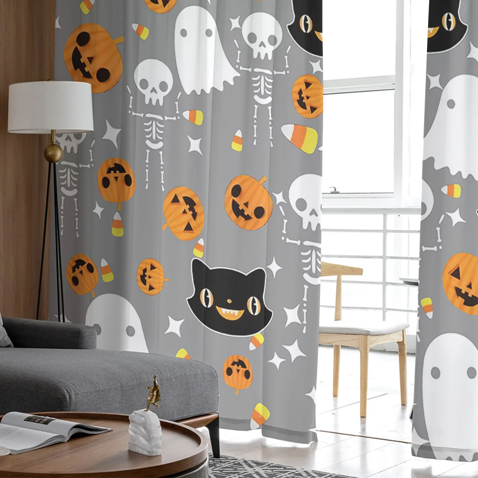 Imagem -03 - Sheer Tulle Window Curtain For Living Room Halloween Abóbora Doces Gato Preto Quarto Cozinha Cortinas de Véu